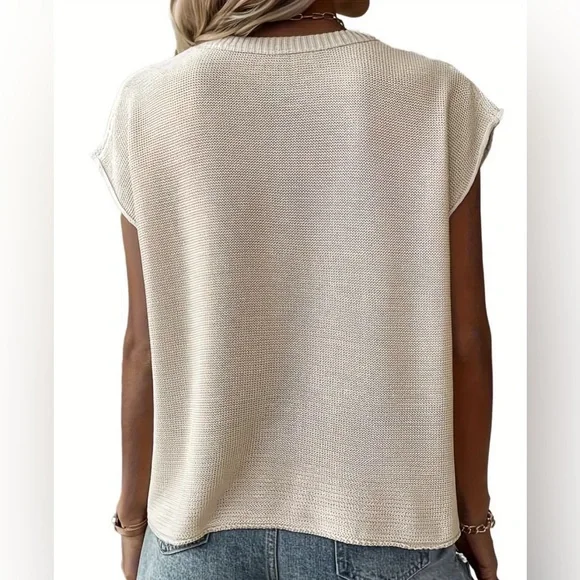 Crew Neck Cap Sleeve Knit Sweater - Picture 3 of 4